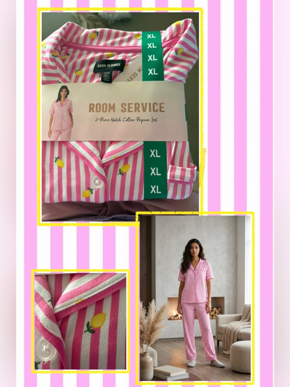 🆕 Room Service Women's Pink Stripe 2-Piece Notch Collar Pajama Set